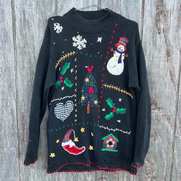 Vintage 90s Victoria Jones Ugly Christmas Sampler Sweater Tunic Mock Neck MEDIUM - Picture 1 of 8